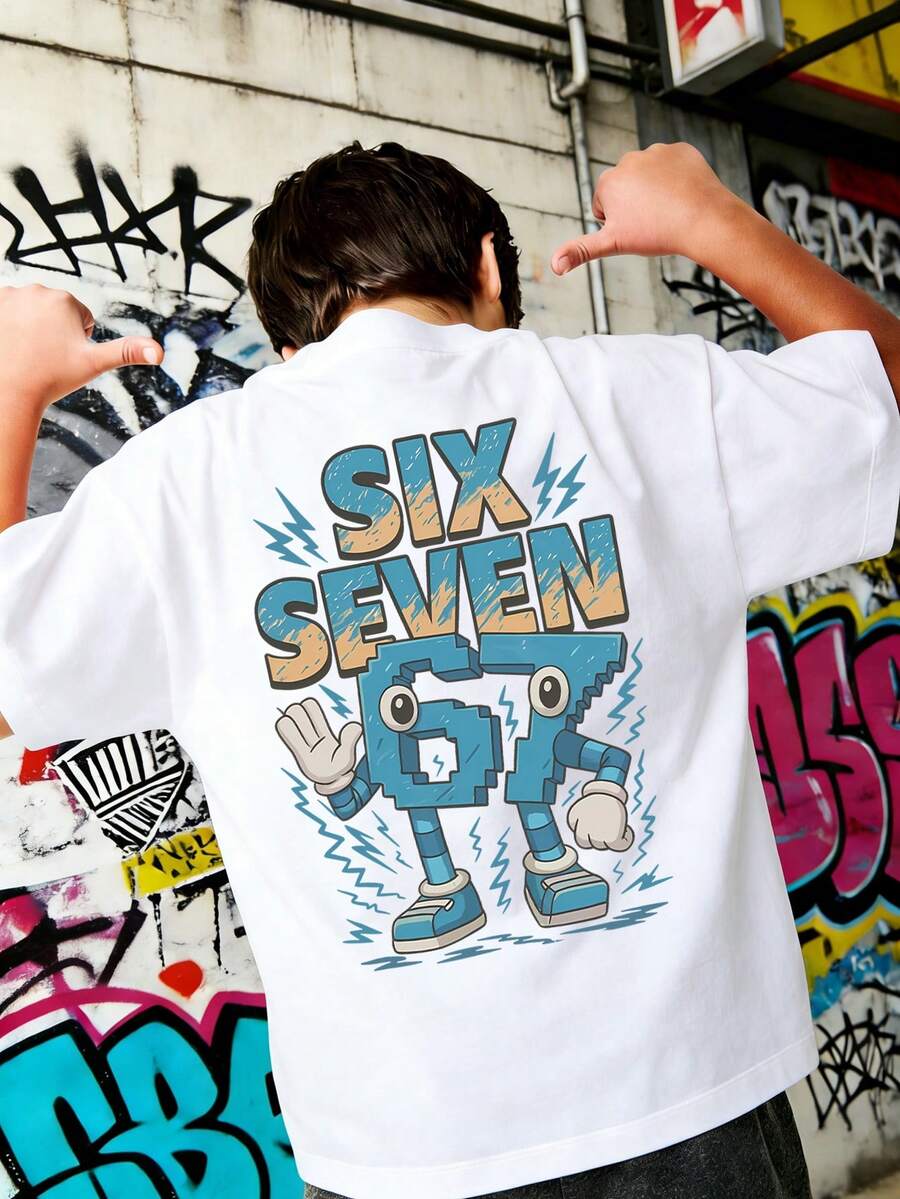 Tween Boy "Italian Brain Rot Funny Number 67 Meme" Graphic T-Shirt, & Fashionable Boys' Summer Short Sleeve Tee, Suitable For Casual, School, And Street Wear - White - View 1