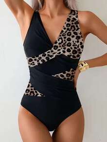 AFTULLS Women's Fashion One Piece Swimsuit - High Elasticity Nylon/Spandex Blend Fabric, Sports V-Neck Design With Removable Pads, Machine Washable - Black & White Contrast, Suitable For Vacation, High-Waisted Swimsuit, Spaghetti Strap Swimwear, Fashionable Swimsuit, Vacation Swimwear Beach Summer - Multicolor - View 2