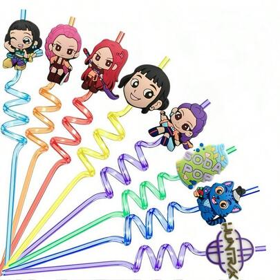 Set de 10/20 de paie spiralate din plastic reutilizabile cu tematică KPOP Girl Group - Paie de băuturi colorate în stil coreean drăguț, material PET durabil, potrivite pentru petrecere de ziua de naștere, Halloween, Crăciun, Ziua Îndrăgostiților, Paște, picnic, reuniune în familie, băuturi zilnice, lapte, suc - Cadouri perfecte pentru fete, adolescente, fani KPOP, decor de sărbătoare