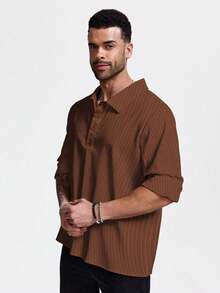 1pc Men's Casual Collared Long Sleeve Striped Button-Up Shirt, Elegant For Commute, Business, Holiday, Party - Coffee Brown - View 5