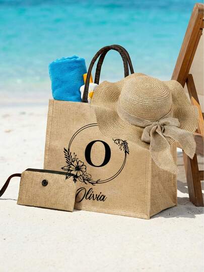 3pcs/Set Women Beach Tote Bag With Shoulder Strap, Beach Hat And Cosmetic Bag, Customizable Beach Bags,Customizable With A-Z Initial, Extra Large Capacity. Suitable For Wedding, Birthday, Beach And Holiday,Ideal For Fashion Lovers Who Love Personalized Items, Perfect For Shopping, Beach Vacation