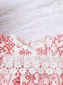 夏季女童甜美时尚花卉印花蕾丝边衬衫 - 紅色 - 查看 3