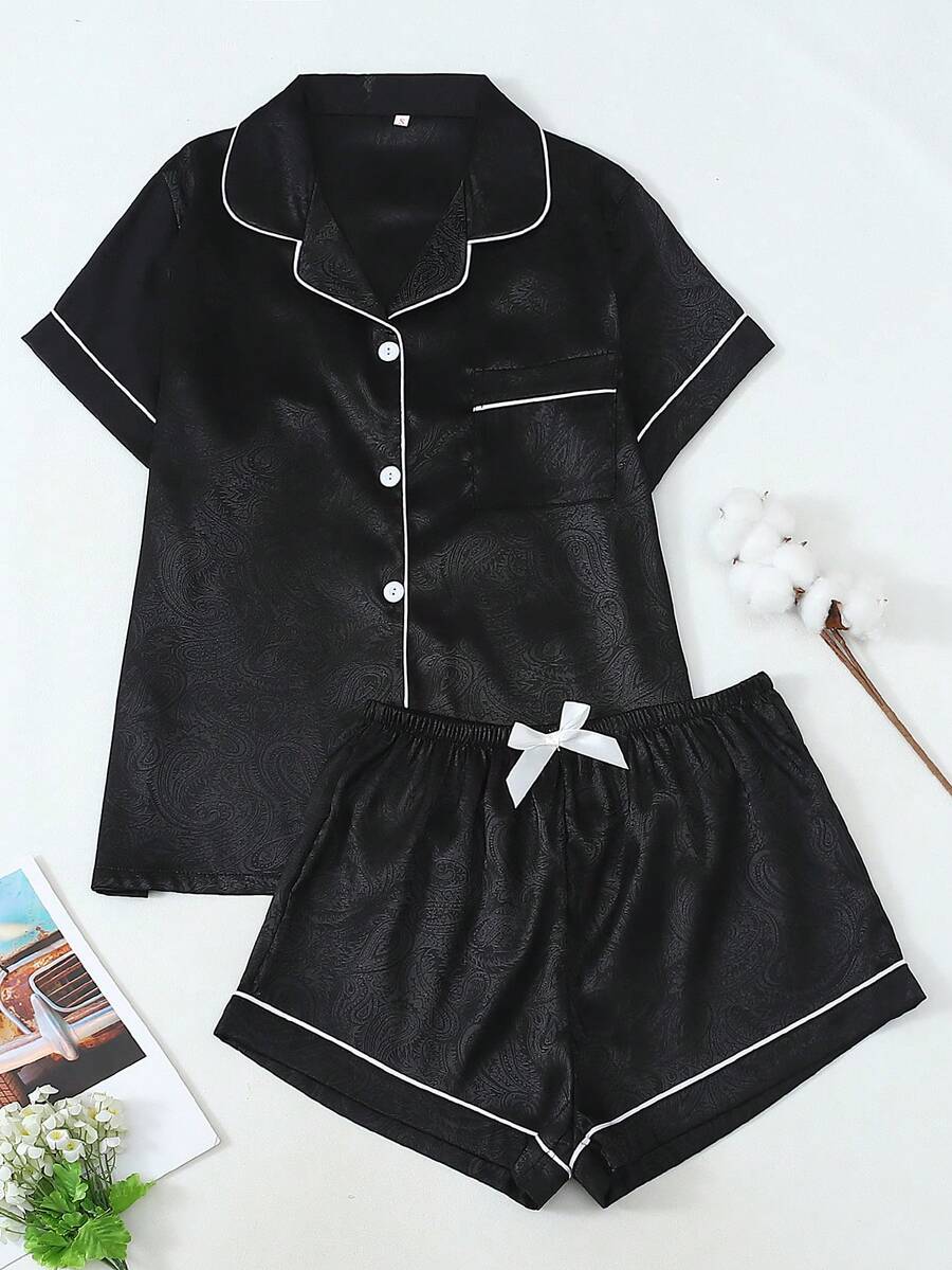 [Dreamery]Cashew Flower Jacquard Women's Poplin Short Sleeve Shorts Pajama Set - Black - View 1