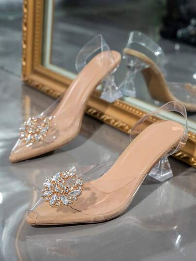 Giày sandal cao gót trong suốt đính pha lê thời trang, gót dày, mũi kín, kiểu dáng đa năng, thích hợp cho nữ mùa xuân/hè.