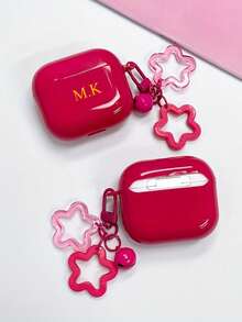 Customized (2-Piece Set, Including Star Chain) Glossy Rose Red Earphone Case Compatible With AirPods 1/2 3 New 4 Pro 3, Customized Letter Name, Back To School Season, Valentine's Day Gift, Good Birthday Gift, Holiday Gift, Gift For Men And Women, Personalized Gift - Hot Pink - View 6