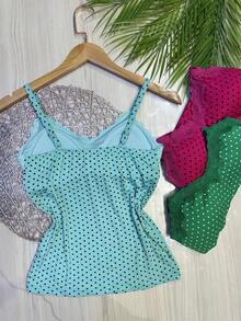Set Of 3 Polka Dot Tank Tops With Built-In Bra Cups, Made Of Pretty Viscose/Lycra Fabric. - Aquamarine + Rose Red + Grass Green - View 2