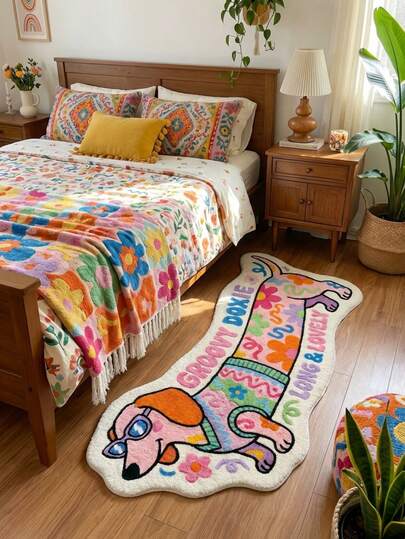 1pc Washable Fashionable Cartoon Cute Dachshund Dog White Base Striped Decorative Carpet, Faux Cashmere, Suitable For Living Room, Bedroom, Study, New Arrival, Hot Selling, Machine Washable All Season, Soft Top Material, Personalized Home Decor, Bedroom Carpet, Study Carpet, Living Room Carpet, New Year Gift, Children Carpet, New House Carpet, All Season, Small Carpet, Gift For Daughter, Gift For Girlfriend