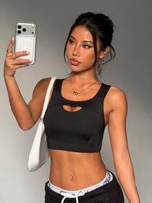 女士黑色时尚可拆卸衬垫交叉后背运动针织文胸 - 黑色 - 查看 3