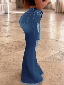 Plus Size Women's Mid-Rise Flared Jeans, Sexy Ripped Elastic Raw Hem Denim Flared Pants, Casual Wear Fashion Trousers - 淺色水洗藍 - 查看 2