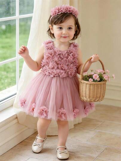 Baby Girls' Pink 3D Floral Dress Princess Cake Dress, Suitable For Children's Birthday Party, Flower Girl, Wedding, Prom, Valentine's Day, Easter And Other Important Occasions