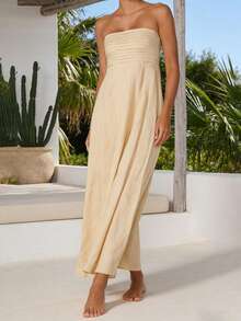 Women's Tube Top Dress Strapless Sleeveless Solid Color A-Line Long Dress Summer Party Dress - 卡其色 - 查看 3