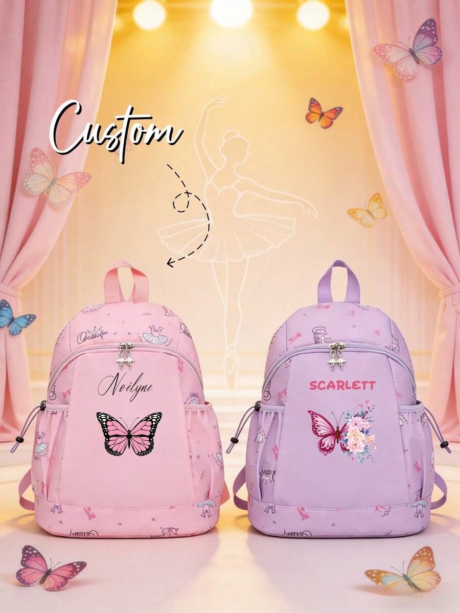 Personalized Mini Fashionable Minimalist Elegant Ballet Butterfly Print Backpack, Suitable For Back To School, Daily Use, Outings, School, And Travel, Also An Excellent Birthday Or Christmas Gift. Random Print Pattern. Can Customize Your Name, Lucky Number Or Anniversary Date. - Multicolor - View 1