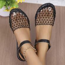 Women's Flat Hollow Fishnet Sandals, Closed Toe, Breathable, Fashion, Versatile, Solid Color, Classic - Black - View 5