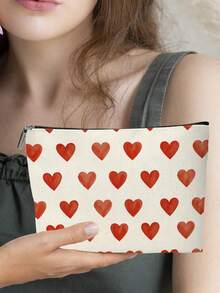 1 Pc Red Heart Pattern Cosmetic Bag Valentine's Day Simple Makeup Bag Perfect Gift For Family And Friend - Red and White - View 3