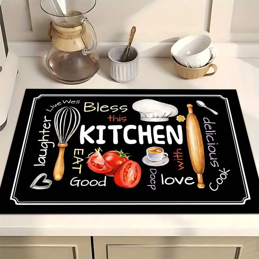 1pc Kitchen Pattern Printed Absorbent Dish Drying Mat, Espresso Machine Countertop Absorbent Mat, Sink Drain Mat, Faucet Absorbent Mat, Sink Cup Mat, Home & Kitchen, Bathroom Accessories - Multicolor - View 1