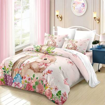 3pcs Cute Pink Bow Printed Duvet Cover Set (1*Duvet Cover + 2*Pillowcases, Comforter Not Included), Oversized Polka Dot Bow & Delicate Floral Print - Romantic & Adorable Style, Soft & Skin-Friendly, Relieving Visual Fatigue, Suitable For All Seasons, Zipper Closure, Applicable For Hotel, Bedroom, Guest Room And Dormitory Bedding, Easy Care, Fashionable Lightweight Breathable, Modern Minimalist Style.
