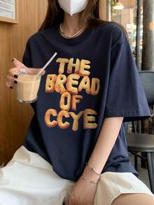 1件装女士休闲宽松英文印花T恤，学院风，百搭圆领上衣，2026春夏款 - 藏蓝色 - 查看 2