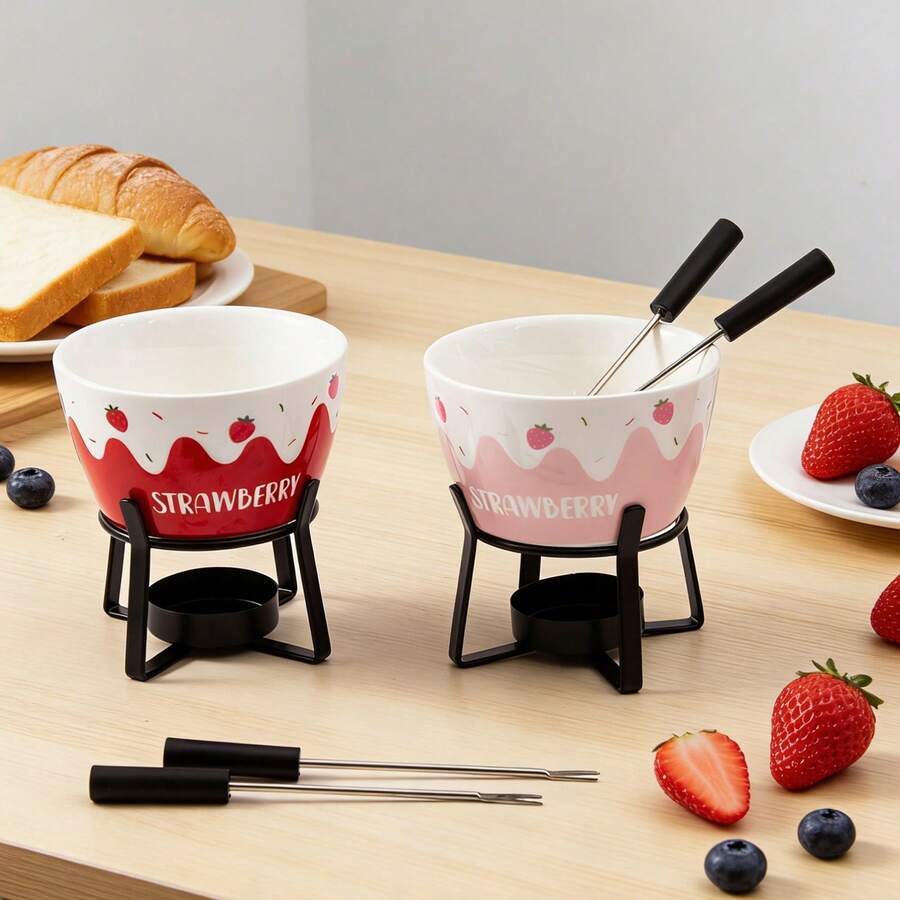 1 set Olla de fondue de cerámica con diseño de fresa con 2 tenedores para mojar, olla de derretir chocolate rosa/roja linda, perfecta para postres DIY, fondue de frutas y noches de aperitivos, ideal para el hogar, fiestas y regalos, accesorio de cocina estético para amantes de los dulces - Multicolor - Ver 1