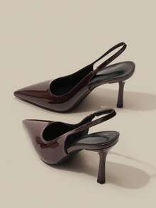 女士尖头9.5厘米优雅细高跟鞋，套穿式亮面PU材质高跟鞋，适合日常、派对、通勤等场合，棕色正装/工作鞋 - 棕色 - 查看 1