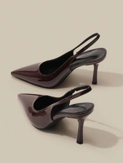 女士尖头9.5厘米优雅细高跟鞋，套穿式亮面PU材质高跟鞋，适合日常、派对、通勤等场合，棕色正装/工作鞋