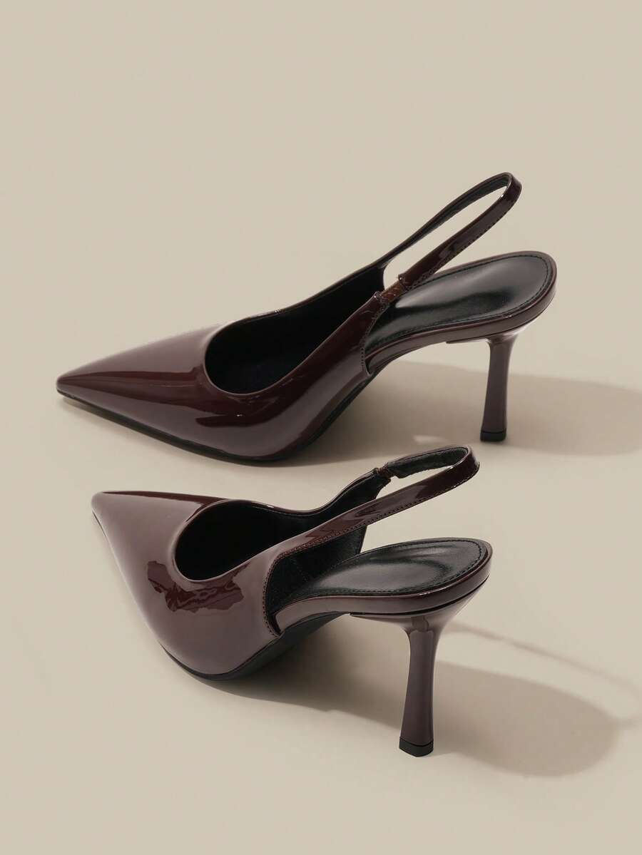 女士尖头9.5厘米优雅细高跟鞋，套穿式亮面PU材质高跟鞋，适合日常、派对、通勤等场合，棕色正装/工作鞋 - 棕色 - 查看 1