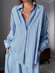 3 piezas Conjunto de pijama de mujer con estampado de rayas, incluye camiseta de tirantes, top de manga larga y pantalón largo, para primavera/otoño - Azul - Ver 3