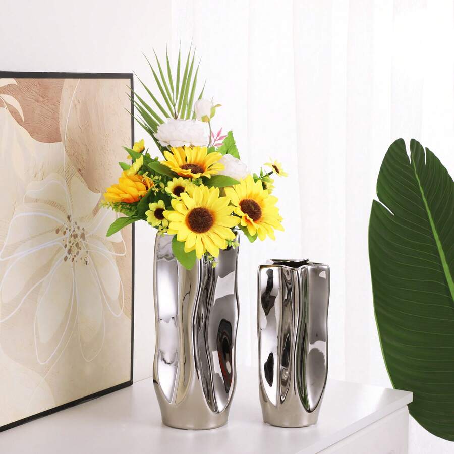 Silver Wavy Ceramic Vase, Modern Minimalist Living Room TV Cabinet Decor, Dry Flower Vase Home Decoration - Silver - View 1