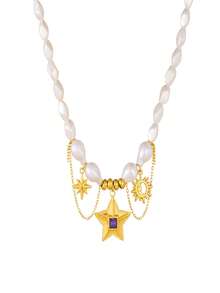 1 pieza Collar corto de mujer con colgante de octágono y estrella de cinco puntas, estilo de moda callejera dulce y moderno - Dorado - Ver 5