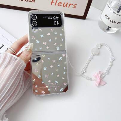 Fashionable Mirror Full Screen Bow Flower Folding Phone Case With Chain, Suitable For Samsung Galaxy Z Flip3 5G/Galaxy Z Flip 4 5G/Galaxy Z Flip 5 5G/Galaxy Z Flip 6 5G/Galaxy Z Flip 7 5G, Luxury Folding Screen Protective Case