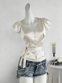 New French Style Solid Color Elegant Minimalist Women Blouse, Tie-Neck, Simplicity, Buttons, Open Front, Work Office Wear, Spring/Summer - Apricot - View 4