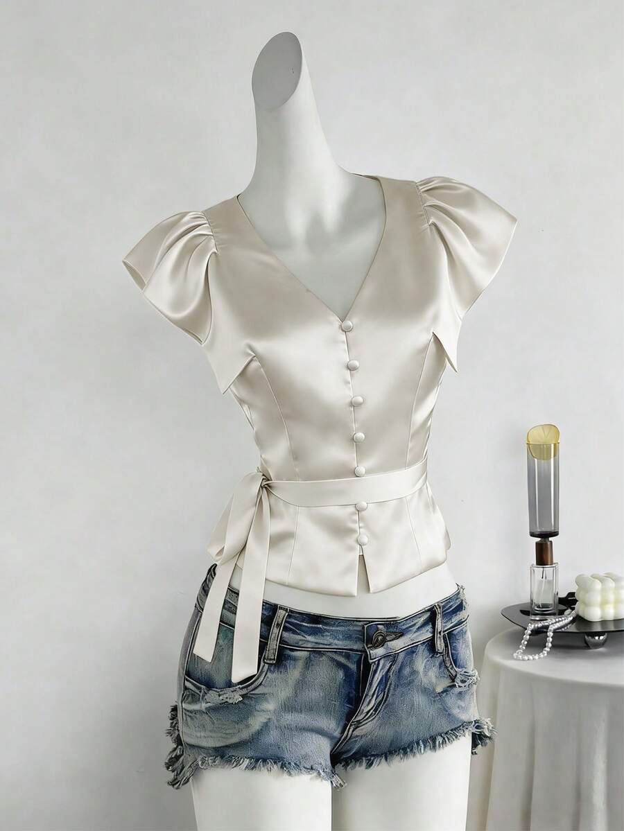 New French Style Solid Color Elegant Minimalist Women Blouse, Tie-Neck, Simplicity, Buttons, Open Front, Work Office Wear, Spring/Summer - Apricot - View 1