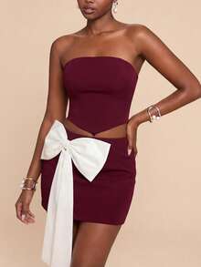 Burgundy Strapless Crop Top & Fitted Mini Skirt Two Pieces Set With Large White Bow Accent & Multiple White Cross-Back Straps – Elegant Sweet Chic Style Ideal For Weekend Brunches, City Strolls, Spring/Summer Dates, Fashion Gatherings,Vacation, Plain Outfits - Burgundy - View 1