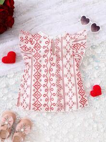 夏季女童甜美时尚花卉印花蕾丝边衬衫 - 紅色 - 查看 2