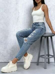 Ripped Mom Jeans, Non-Stretch, Women's Denim Pants, Boyfriend Style, Mom Fit, Casual Daily Wear, Ripped Pockets, Zipper Denim, Spring/Summer Daily - Blue - View 4