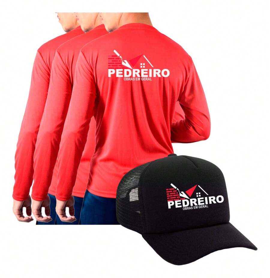 Kit 3 Camiseta Para Pedreiro Com 1 Boné Trabalho Uniforme - Vermelho - Visão 1
