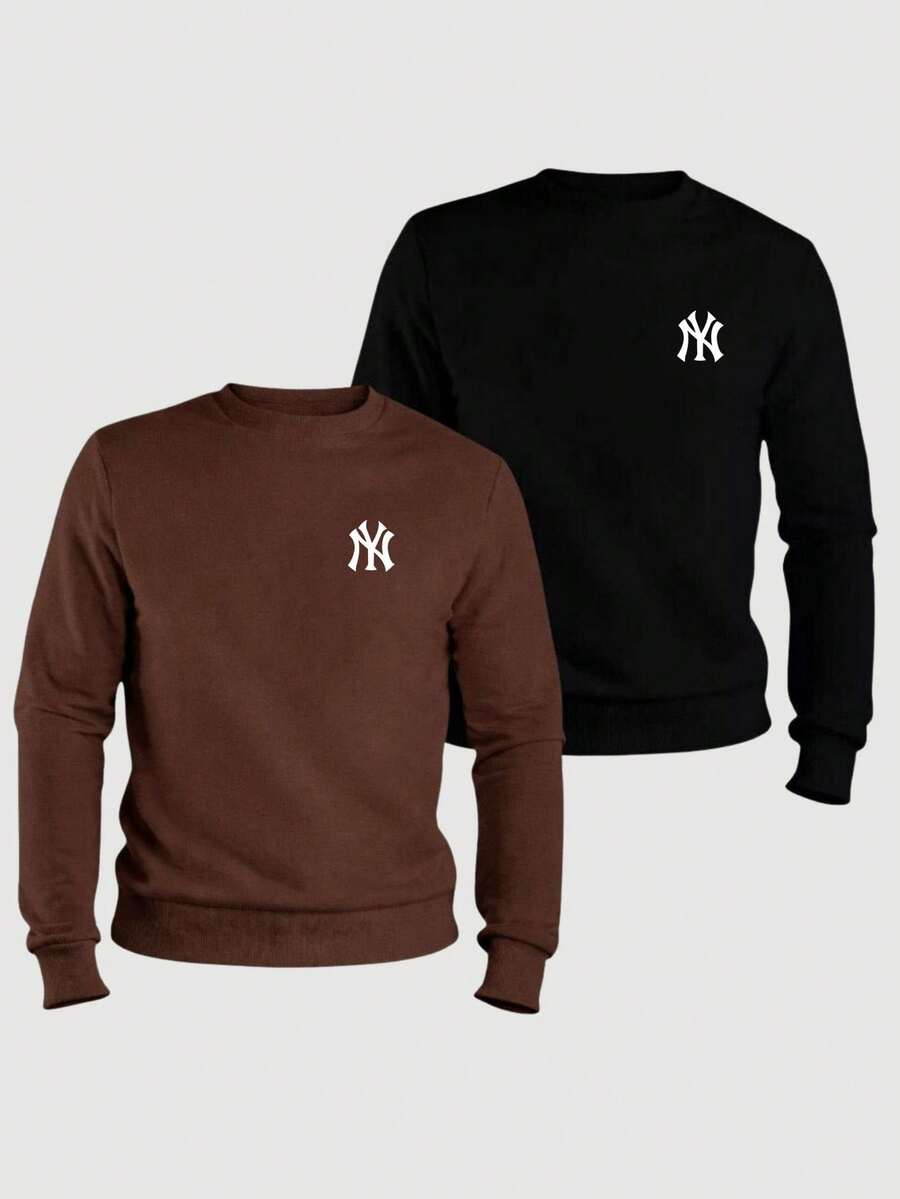 Kit Of 2 Crew Neck Sweatshirts, Unisex Cotton Winter Jackets, Women's/Men's, NY - Black/brown - View 1