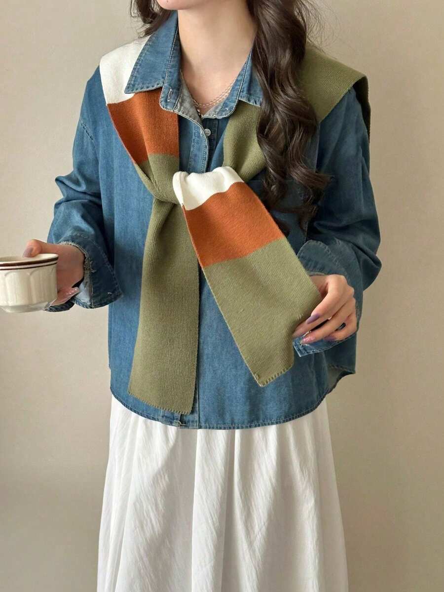 1pc Women's Knitted Poncho With V-Neck Tie, Outdoor Fashion Scarf - Color Matching-green - View 1