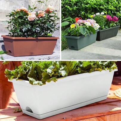 5 Packs 19 Inches Flower Window Box Plastic Vegetable Planters Long Pots With Drainage Holes And Trays For Outdoor Indoor Windowsill, Patio, Garden, Home Decor, Porch