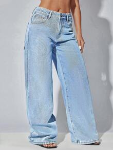 Low-Waist Wide-Leg Casual Blue Jeans With Slant Pockets For Women - Blue - View 6