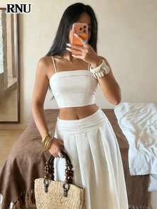 RNU 两件套百搭A字裙套装，浪漫优雅休闲风，弹力腰身吊带背心+迷你裙，适合生日、婚礼宾客、情人节、狂欢节、新年、通勤、春夏等场合。 - 杏色 - 查看 2