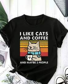 1pc Women's Vintage Cat & Kitten Coffee Print T-Shirt - Cute Kitten & Coffee Cup Patterns, Casual Comfortable Spring Summer Outfits, Birthday Gift Suitable For Casual Attire, Machine Washable Cat Lady Outfit - 黑色 - 查看 1