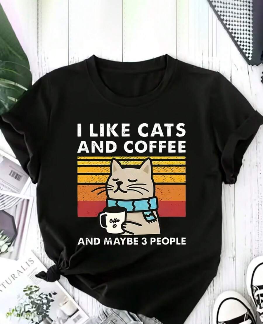 1pc Women's Vintage Cat & Kitten Coffee Print T-Shirt - Cute Kitten & Coffee Cup Patterns, Casual Comfortable Spring Summer Outfits, Birthday Gift Suitable For Casual Attire, Machine Washable Cat Lady Outfit - 黑色 - 查看 1