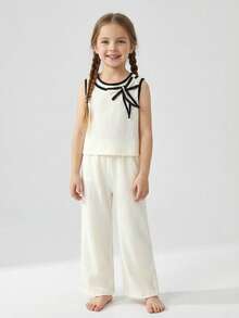 2pcs/Set Young Girls Casual Minimalist Black & White Patchwork Bow Decor Sleeveless Top And Pants Set, Spring/Summer/Autumn - Apricot - View 5