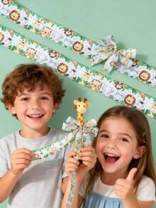 1卷5码丛林动物涤纶箔纸丝带，可爱有趣的丛林丝带，适合婴儿派对礼品、一周岁生日派对装饰，完美适用于节日生日礼物包装、丛林动物主题派对装饰、性别揭晓派对装饰、婴儿派对用品、DIY蛋糕蝴蝶结丝带 - 叢林動物 - 查看 3