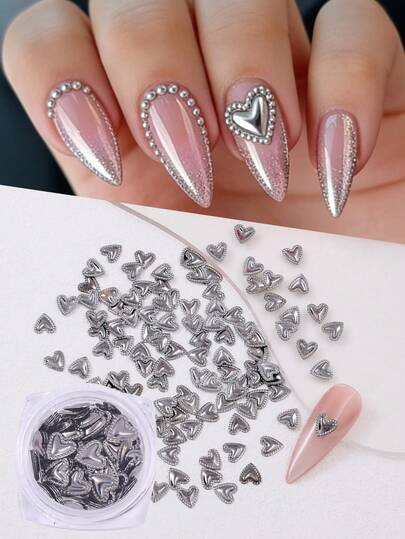 Söt grå hjärtformad nageldekoration 1 ask 3D metalliska hjärtan nagelberlocker för naglar Y2K-stil DIY-smycken nagelkonsttillbehör alla hjärtans dag