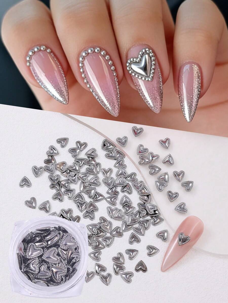 可爱灰色爱心美甲装饰 1盒 3D金属爱心美甲饰品 Y2K风格 DIY美甲饰品配件 情人节 - 灰色 - 查看 1