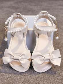 1 Pair Girls' White Flat Sandals, Made Of Soft PU Material, Decorated With Butterfly Pattern, Minimalist Pearl And Metal Buckle Design, Open Toe Style, Lightweight And Fashionable, Suitable For Girls Aged 3-15, Ideal For Casual, Party, Beach, Holiday Activities, Spring/Summer 2026 - Beige - View 6