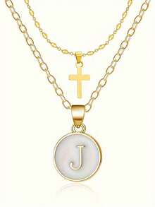18K Golden Plated Stainless Steel Initial Letter & Cross Pendant Necklaces 2 Packs Set, Elegant Layered Script Letters, Daily & Vacation Wear, Thanksgiving Gift, All Seasons - No Mosaic Material - Gold - View 6
