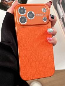 Fortschrittliche Einfachheit Litchi einfarbiges Muster Kunstleder Handyhülle kompatibel mit iPhone 17 Pro Max 17 16 15 14 13 Pro Max stoßfeste Schutzhülle - Orange - Übersicht 16