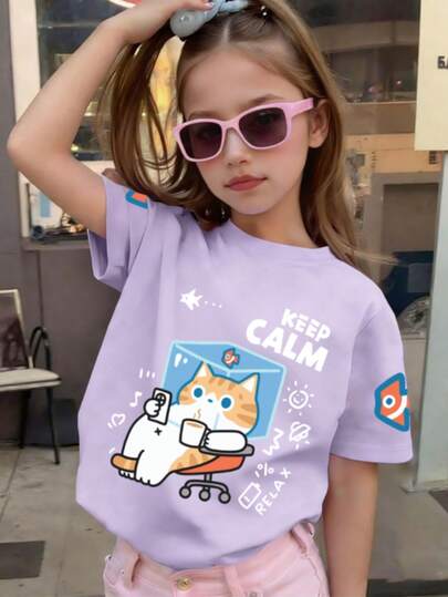 女童可爱印花圆领短袖T恤，春夏休闲T恤，舒适休闲外套